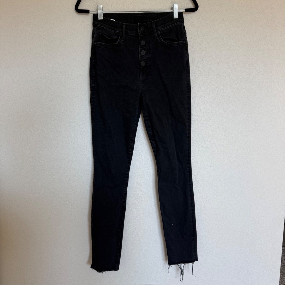 Mother The Pixie Swooner Skimp Jeans Black Button Fly Raw Hem 25 Skinny Grunge